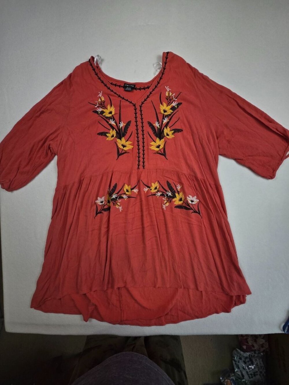 City Chic XXL 24 Coral Flowy Boho Dress With Floral Embroidery 3/4 Sleeves